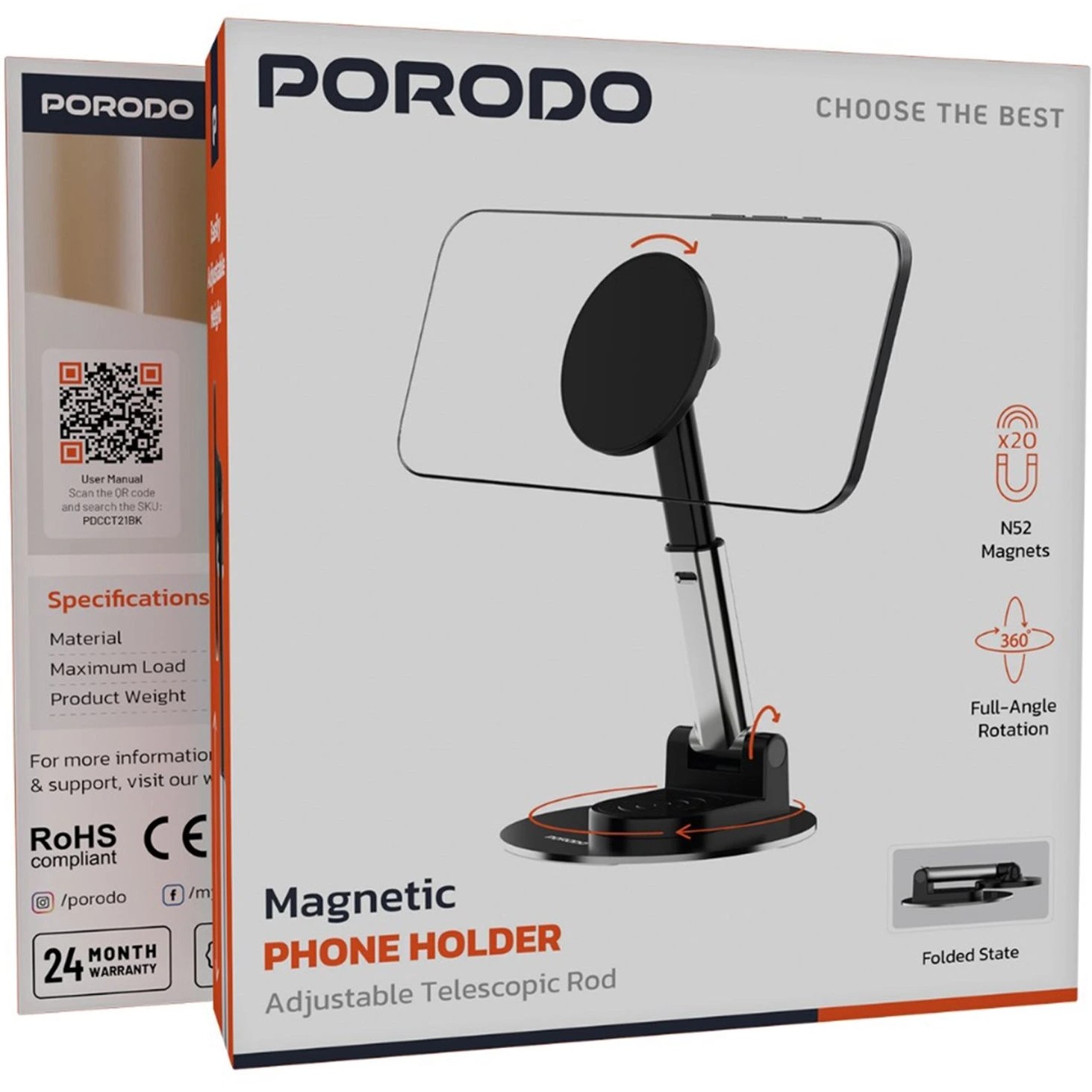 هولدر مگسیف رومیزی پرودو (PDCCT21)Porodo Magnetic Phone Holder with Adjustable Telescopic Rod - Black
