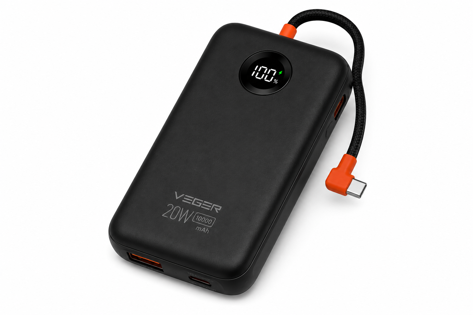 پاوربانک VEGER مدل VP-1215 ظرفیت 10000 میلی‌آمپرساعت با شارژ سریع PD 20W و کابل Type-C داخلی