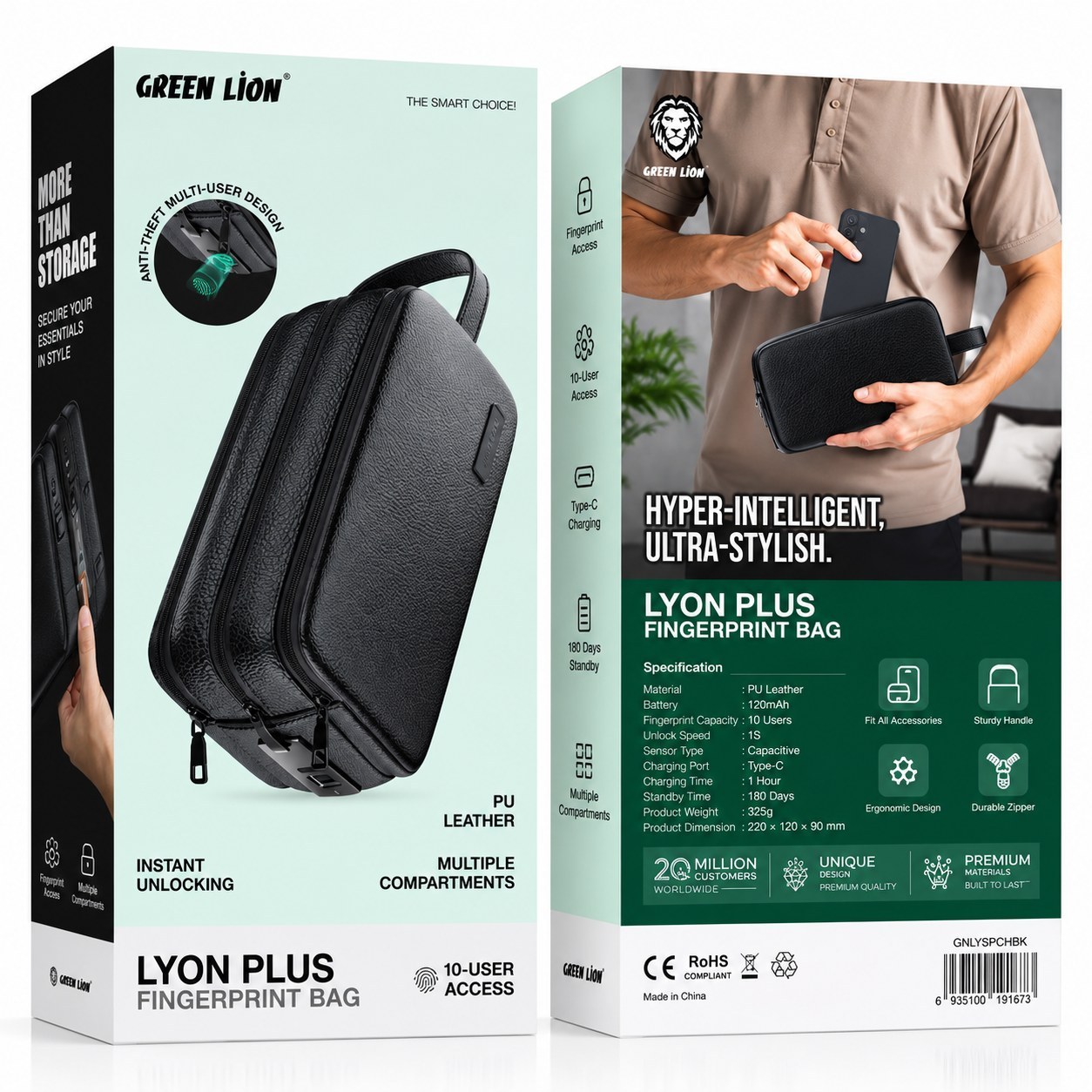 Green Lion کیف هوشمند اثر انگشتی گرین لاین مدل Lyon Plus