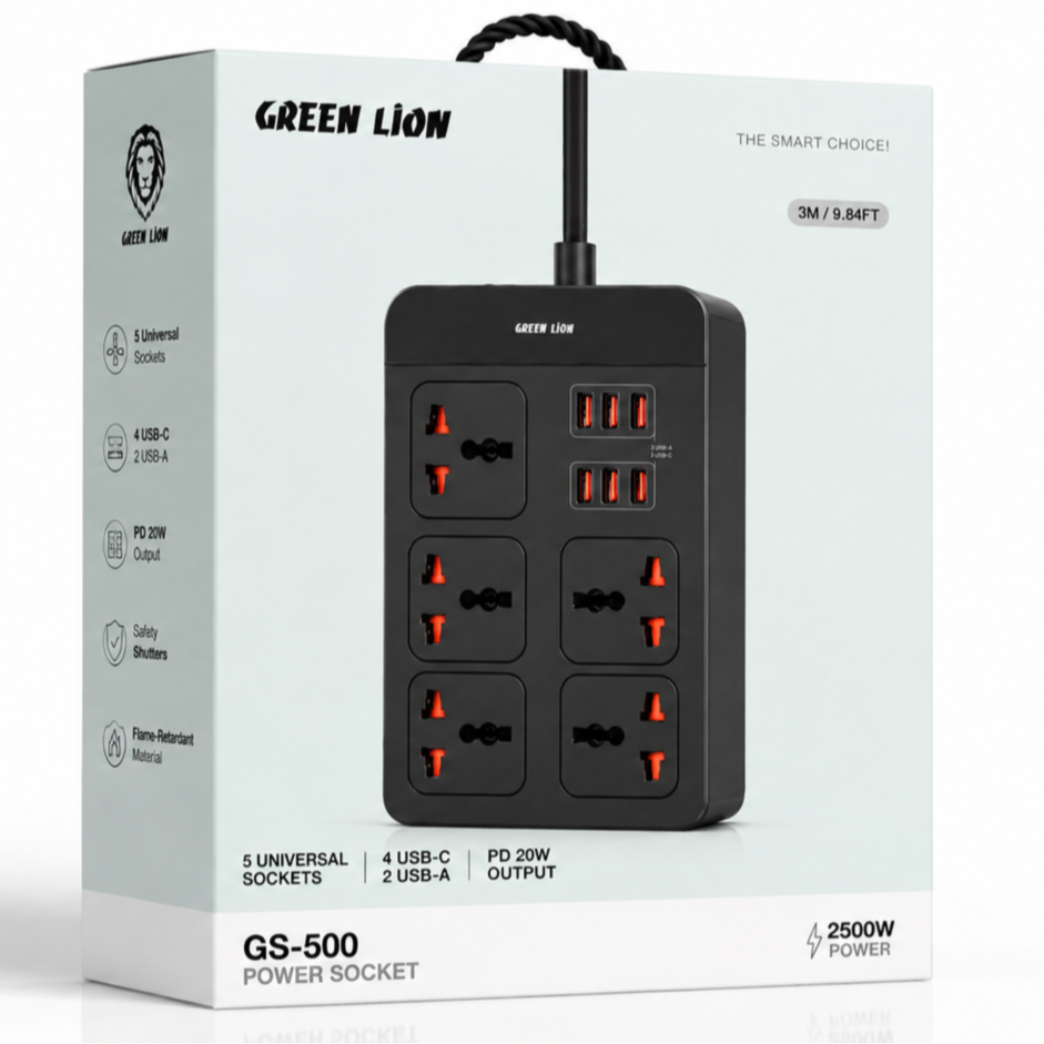 چندراهی برق گرین لاین GS500 ظرفیت ۵ عدد با کابل ۳ متر و شارژر GREEN LION