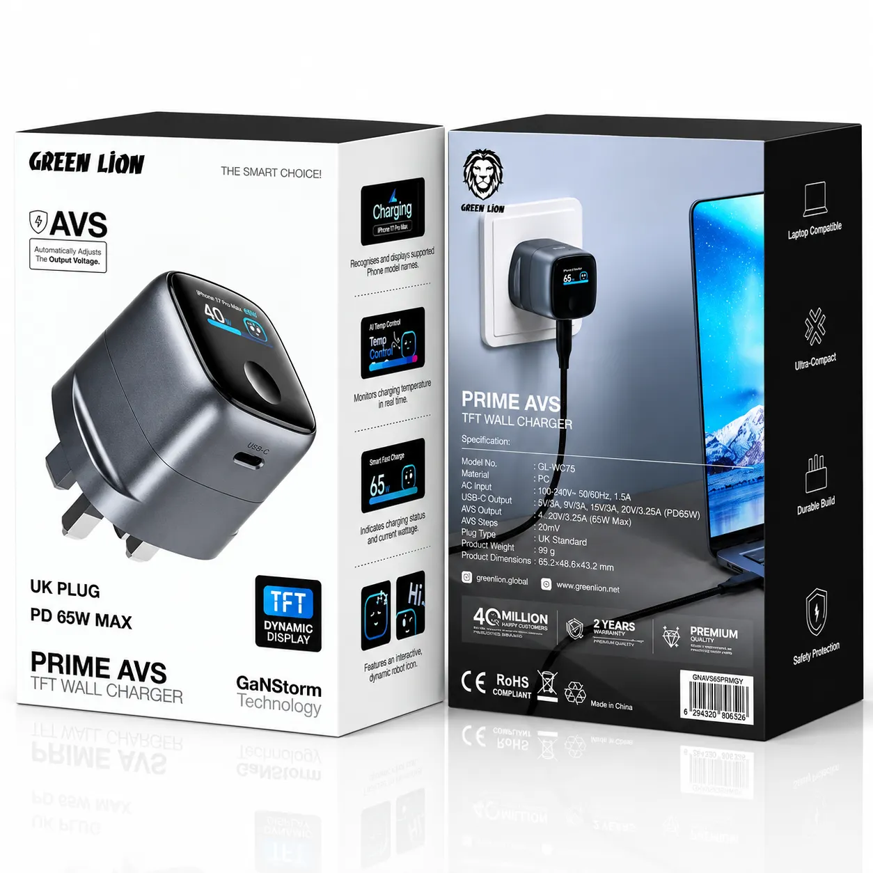 شارژر دیواری گرین لاین مدل Prime AVS TFT با توان ۶۵ وات و فناوری GaN Green Lion