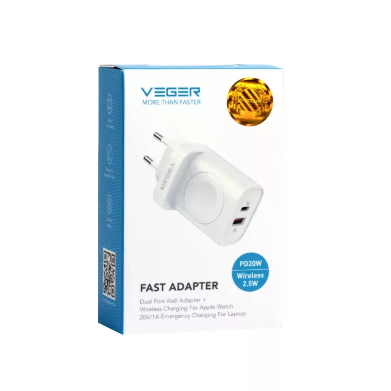 شارژر دیواری VEGER W002E PD 20W با شارژر بی‌سیم Apple Watch