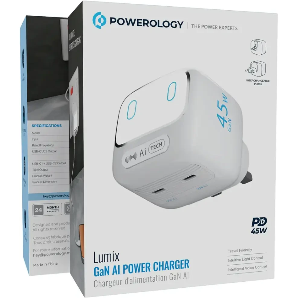 شارژر دیواری پاورولوژی مدل PWCUQC052WH ظرفیت ۴۵ وات با تکنولوژی گان