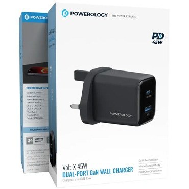شارژر دیواری 2 پورت 45 وات پاورلوژی (Powerology Dual Port Gan Wall Charger Volt-X 45W)