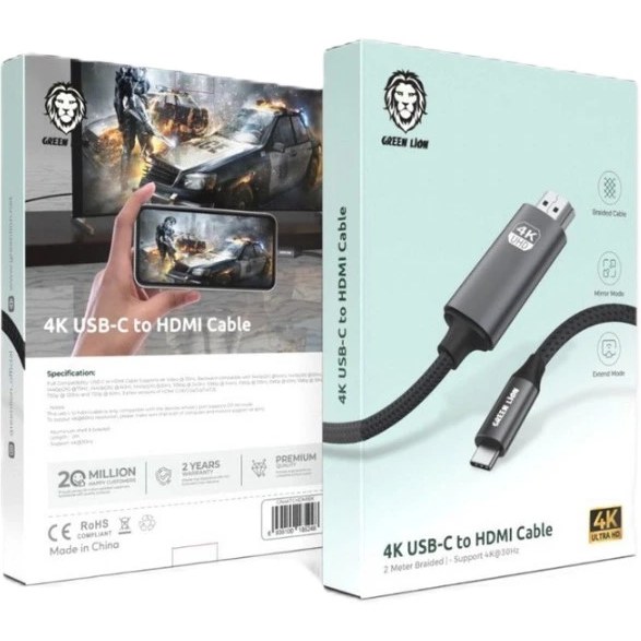 کابل تبدیل USB-C به HDMI گرین لاین ۴K طول ۲ متر Green Lion
