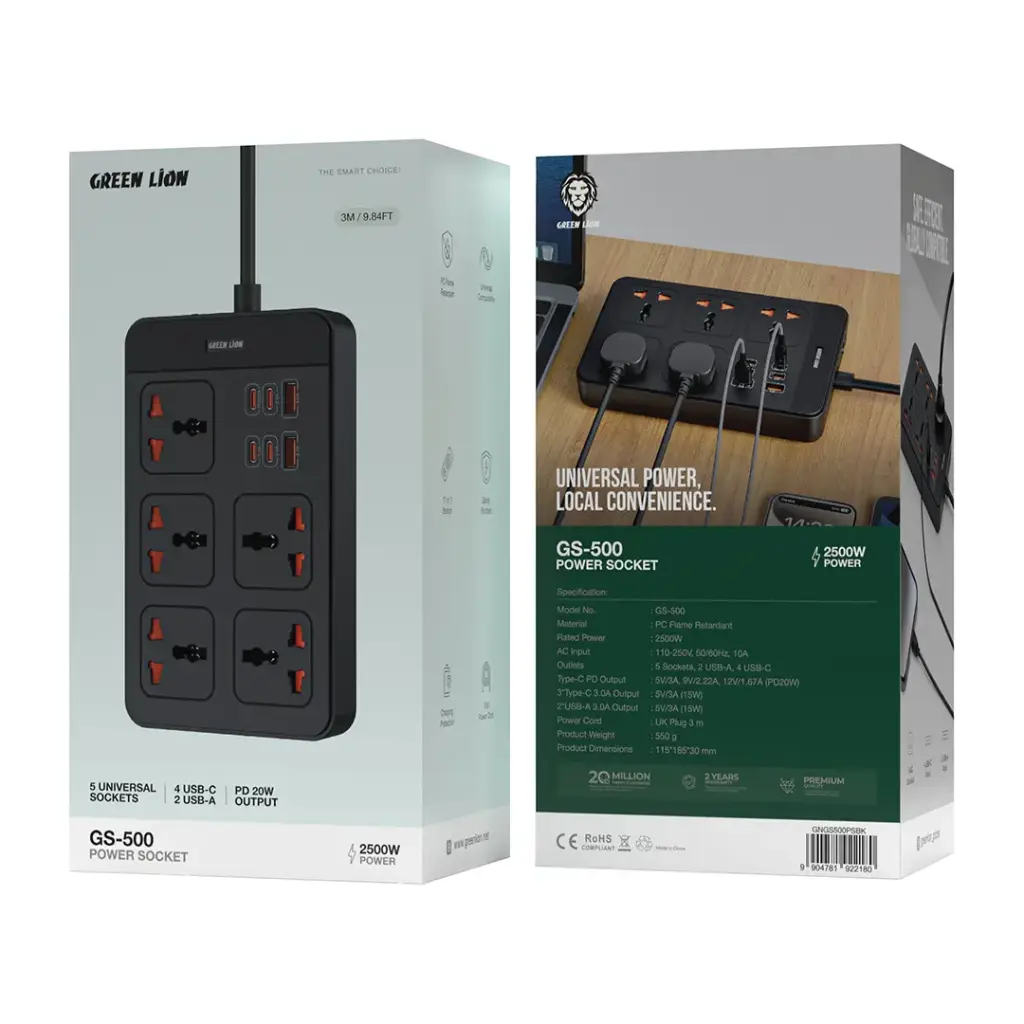 چندراهی برق گرین لاین GS500 ظرفیت ۵ عدد با کابل ۳ متر و شارژر GREEN LION