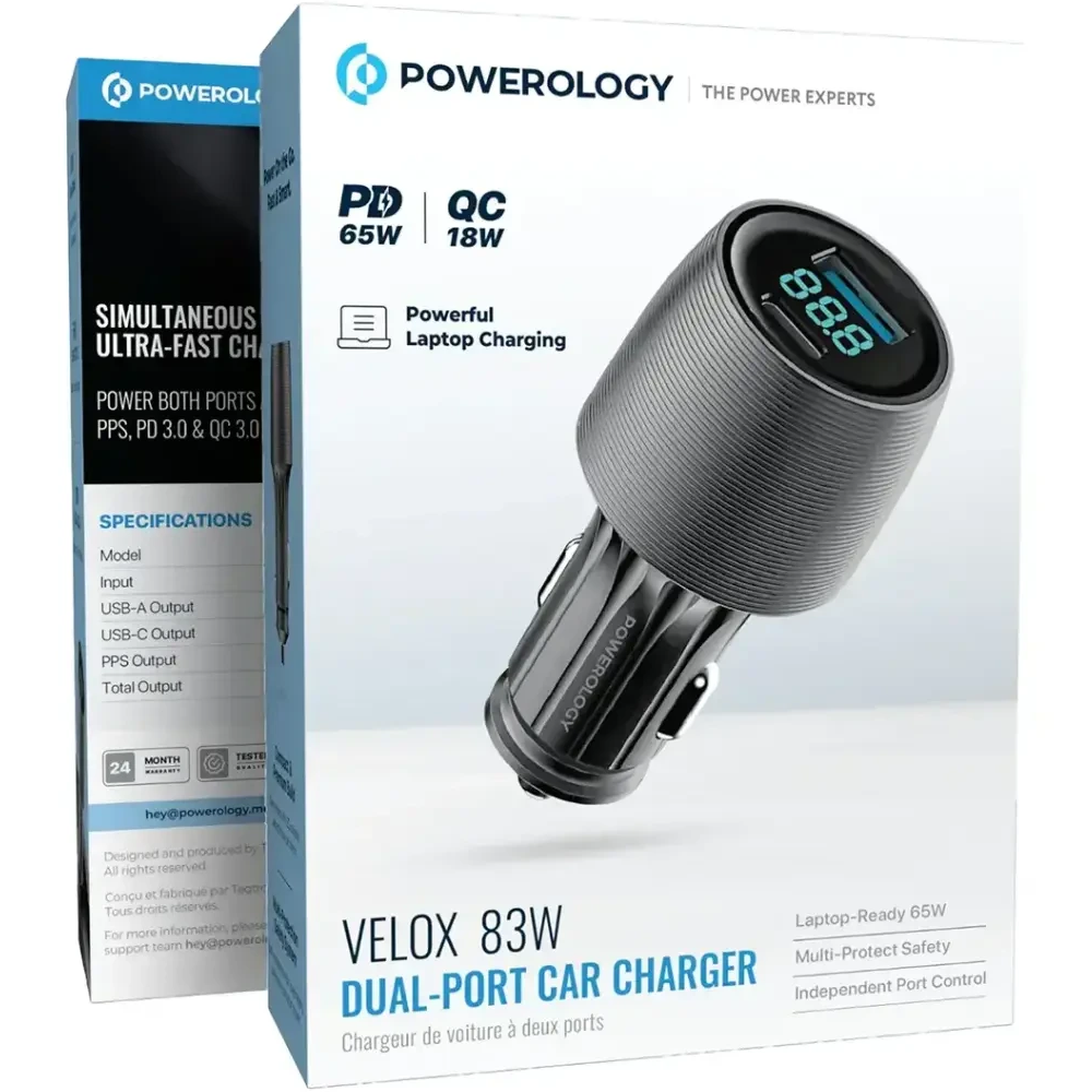 شارژر فندکی پاورولوژی مدل PCCSR020C ظرفیت ۸۳ وات دو پورت