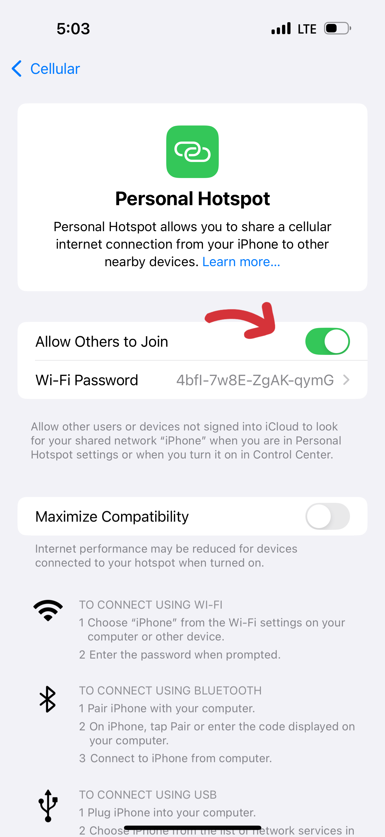 گام پنجم؛ فعال کردن Allow Others to Join برای اشتراک اینترنت آیفون