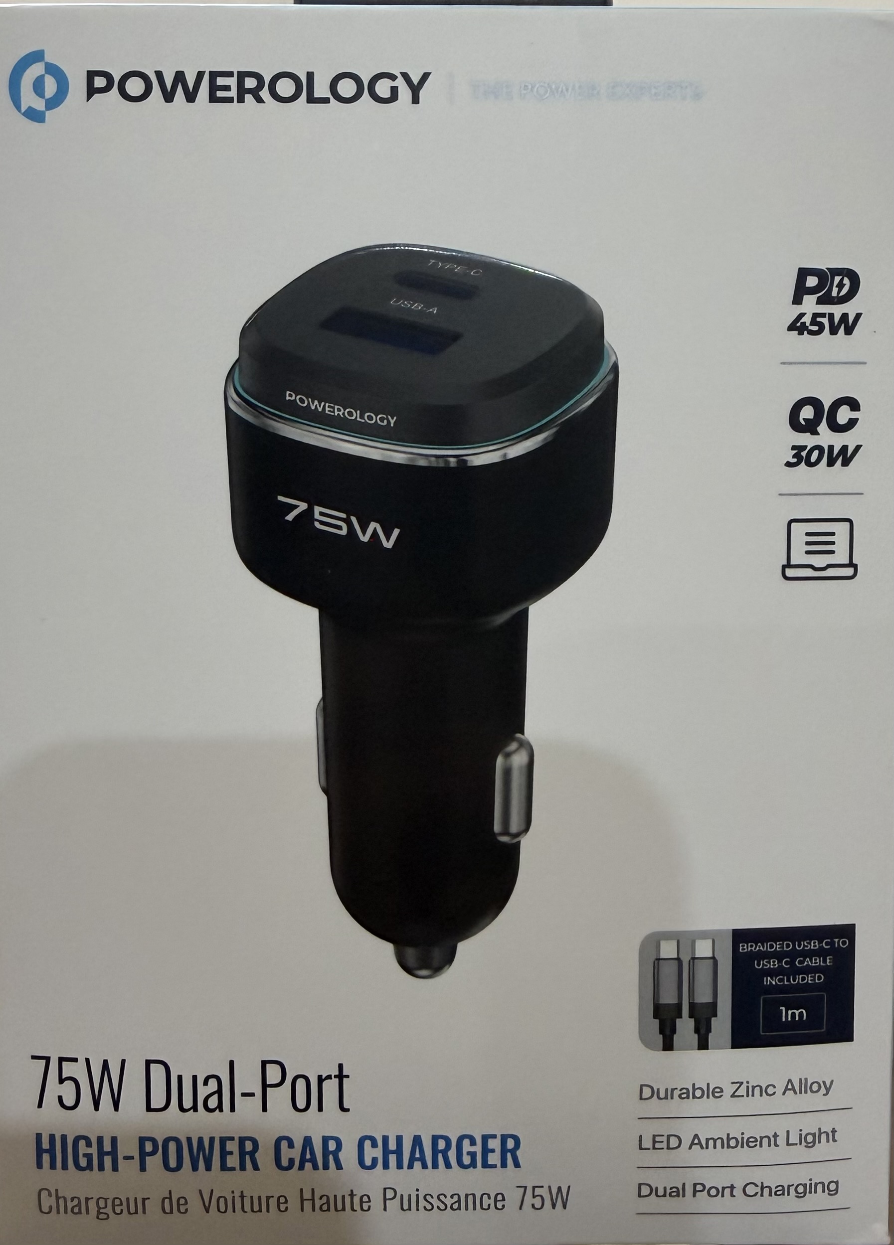 شارژر فندکی پاورولوژی مدل Powerology 75W Dual-Port High-Power Car Charger PCCRS024BKGYC| شارژر خودرو 75 وات PD 45W + QC 30W